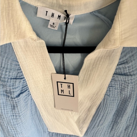THML Light Blue Puff Sleeve Tunic Top with White Contrast Collar|size small| NWT - Picture 3 of 11